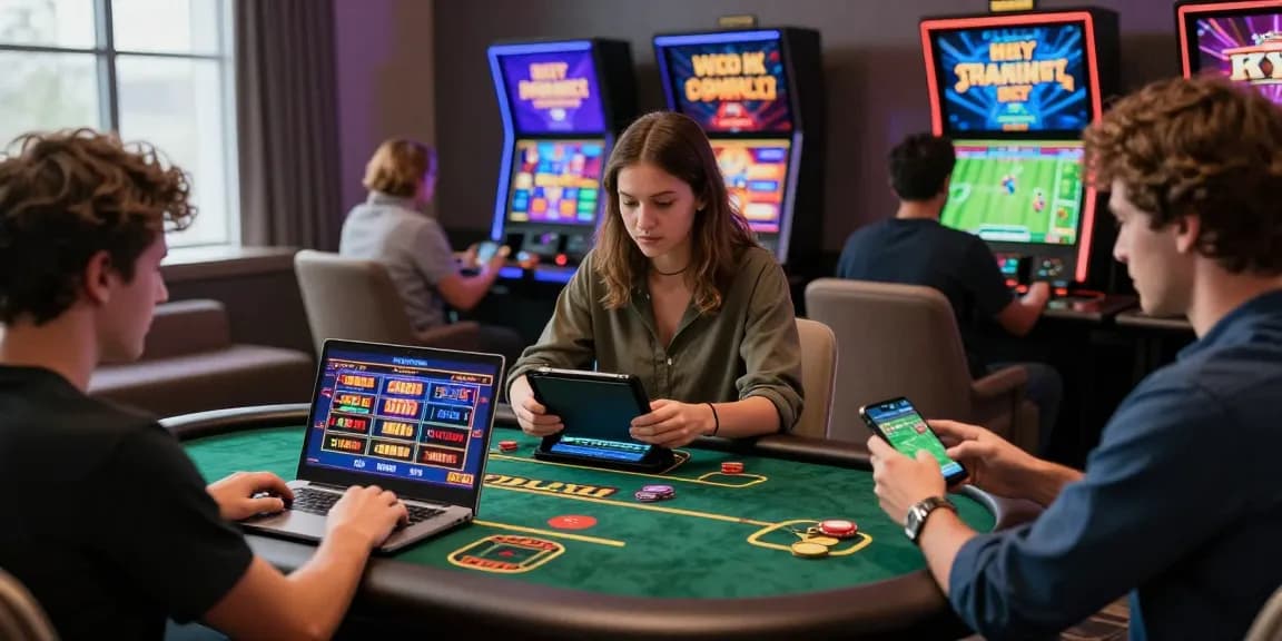 Joueurs dans un casino français sans KYC, profitant d'une expérience de jeu privée et rapide sur divers appareils numériques.