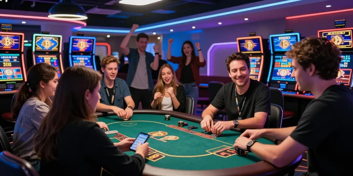 Scène de casino Bitcoin animée avec des joueurs captivés, ambiance vibrante et jeux en cours