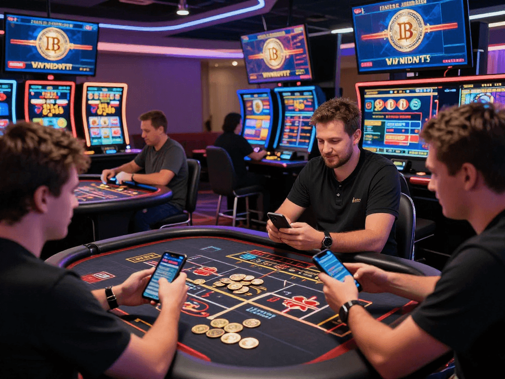 Casino en ligne retrait instantané avec joueurs vérifiant leurs gains en crypto-monnaies dans un cadre vibrant et moderne.