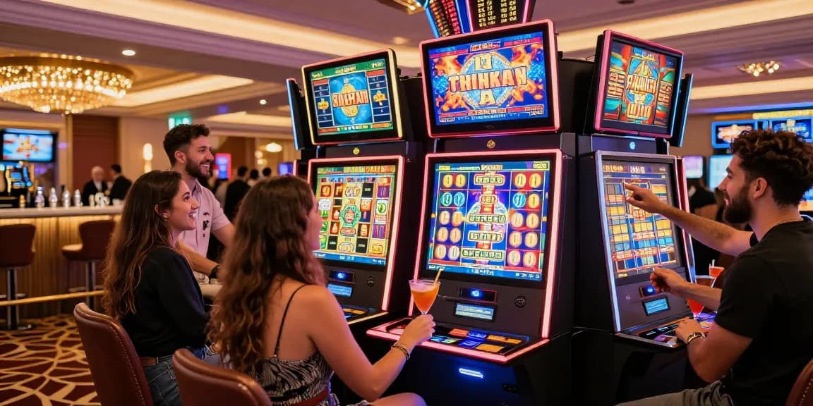 Top casino en ligne : ambiance joyeuse avec amis jouant à des machines à sous dans un casino élégant.