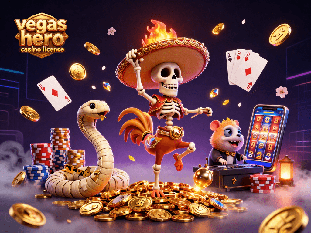 Explorez la licence de Vegas Hero casino avec des personnages animés dans un décor riche en détails.