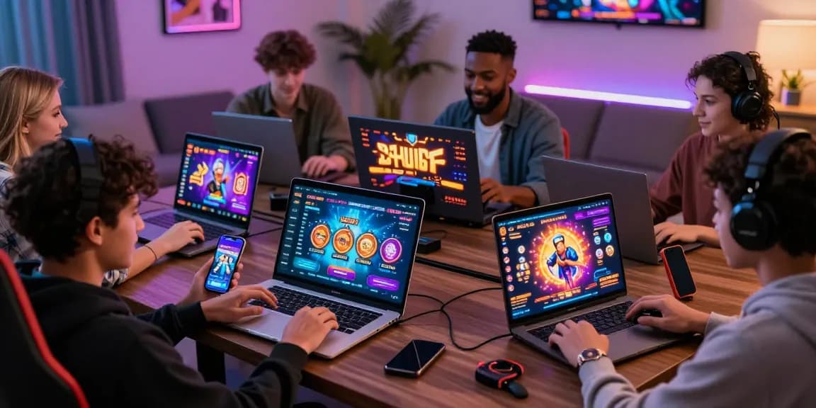 Joueurs heureux explorant le top casino en ligne avec des jeux variés sur plusieurs appareils, ambiance dynamique et accueillante.