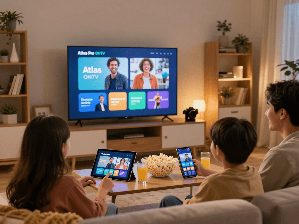 Famille profitant d'Atlas Pro ONTV lors d'une soirée cinéma à domicile.