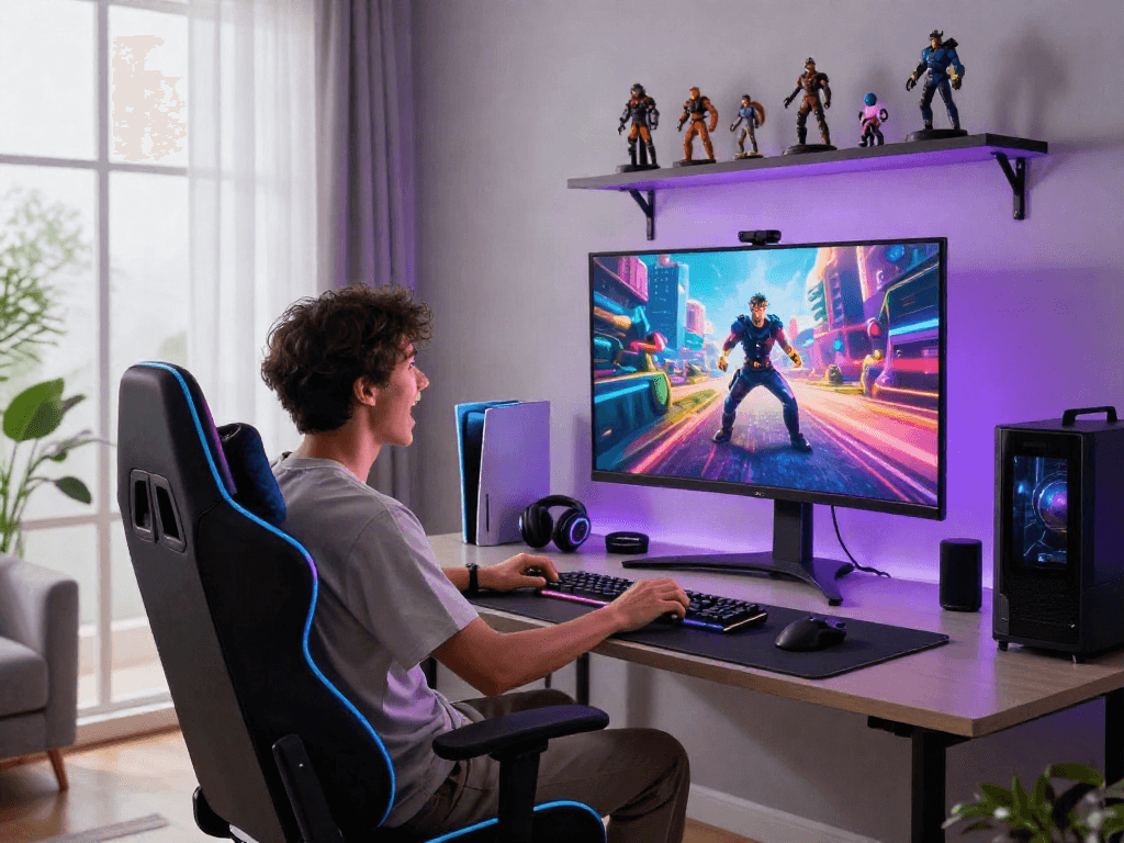 Engaged user playing Iron tv pro in a vibrant gaming setup with RGB lighting.
