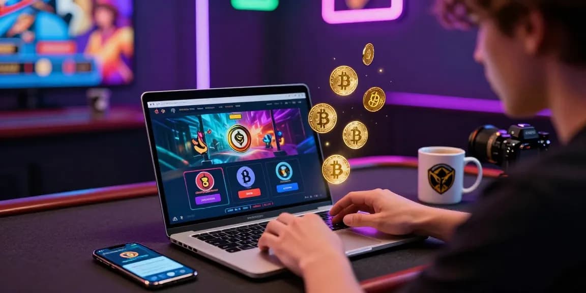 Retrait crypto casino rapide avec joueur concentré sur ordinateur portable et options cryptographiques sur écran dans un environnement numérique vibrant.