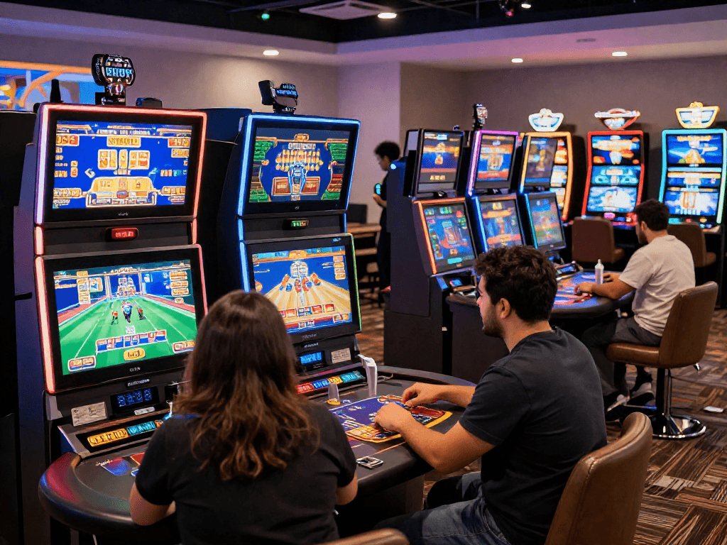 Ambiance de casino en ligne mettant en avant des joueurs sur des tables de jeux dans une atmosphère dynamique, illustrant les expériences de casino en ligne.