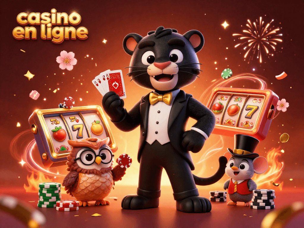 Cette illustration colorée met en lumière un casino en ligne où une panthère distribue habilement des cartes, entourée d'éléments de jeux captivants.