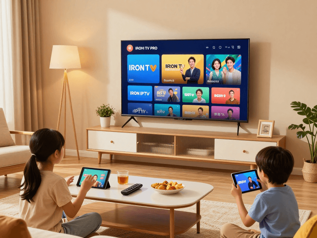 Expérience familiale avec Iron TV Pro sur Smart TV, ambiance chaleureuse.