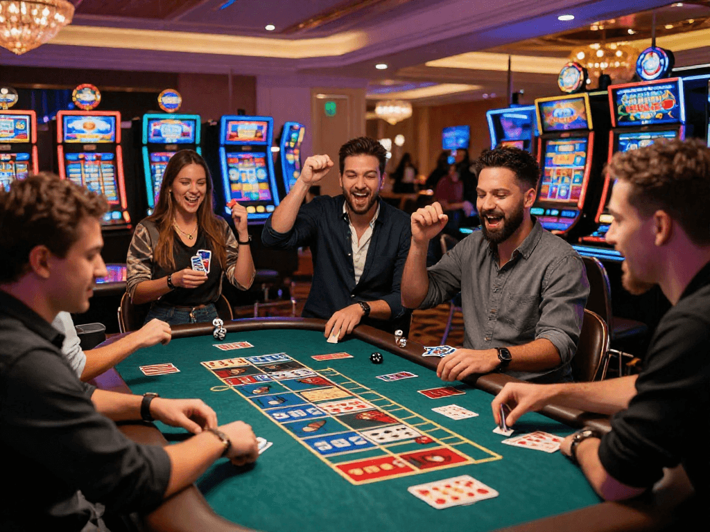 Expérience dynamique de casino en ligne avec des joueurs amusés aux tables et machines à sous.