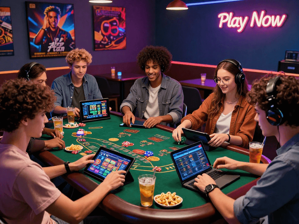 Groupe d'amis s'amusant ensemble sur un casino en ligne avec des jeux dynamiques et des performances de jeu.
