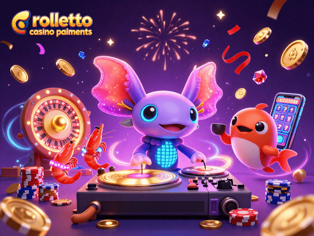 Visualisez les paiements de Rolletto casino : DJ axolotl festif entouré de jetons et pièces d'or.