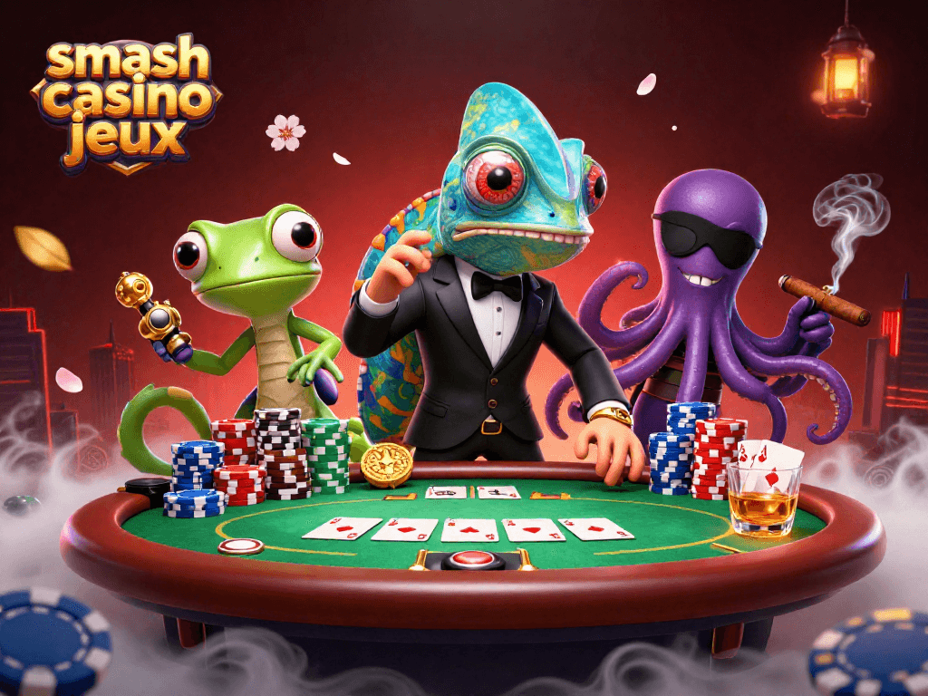 Découvrez les jeux Smash Casino, avec des personnages animés entourés de jetons de poker et de cartes.