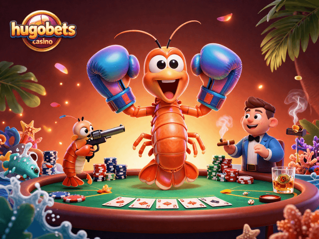 Win big at hugobets casino with poker chips and colorful characters in a lively scene.