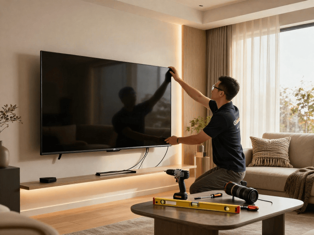 Installation professionnelle de l'Iron tv pro dans un salon moderne, technicien en action.