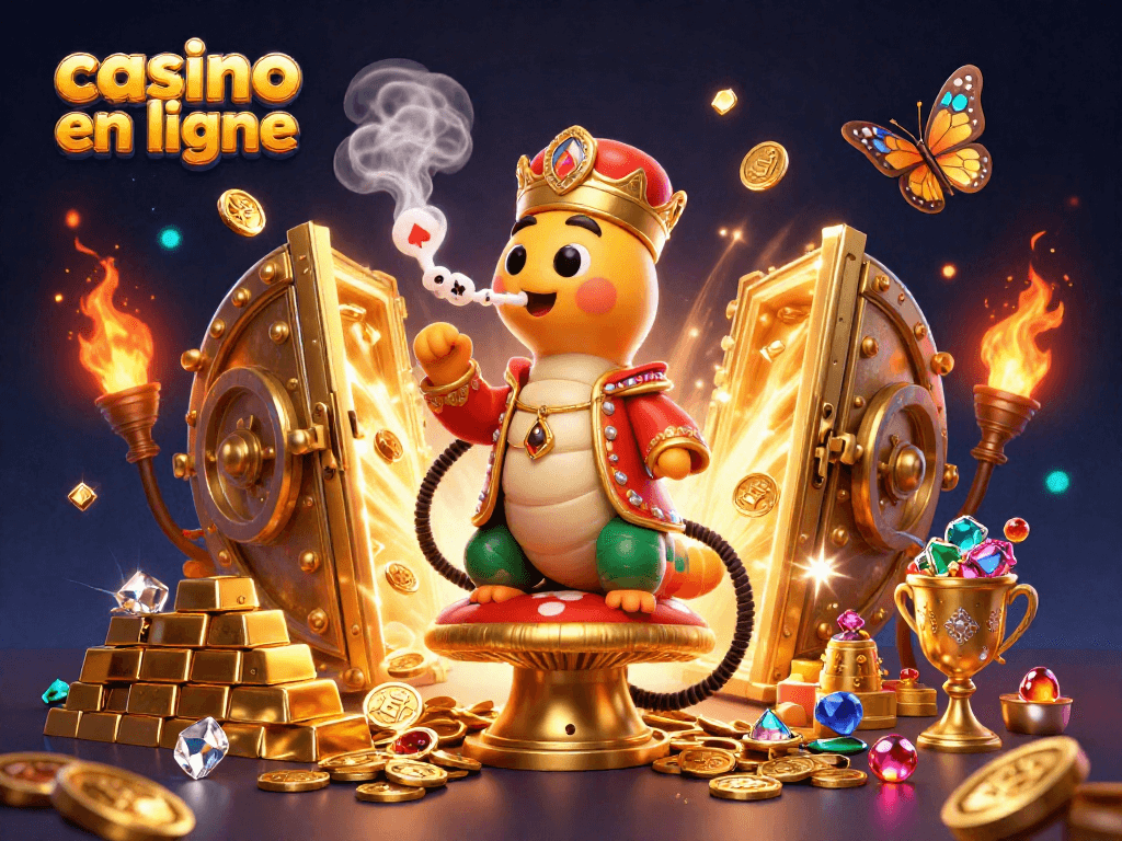 Amusez-vous au casino en ligne avec une illustration vibrante de personnages de jeu et des trésors scintillants.