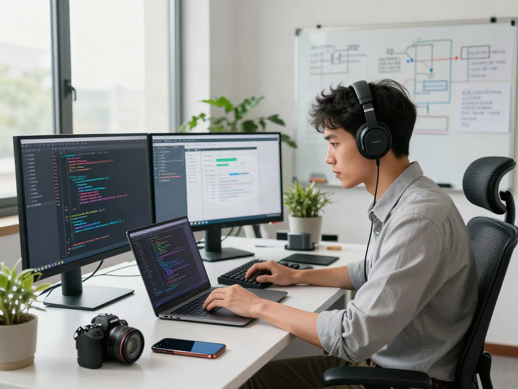 Un développeur travaillant sur Atlas pro, entouré de technologies modernes dans son bureau lumineux.