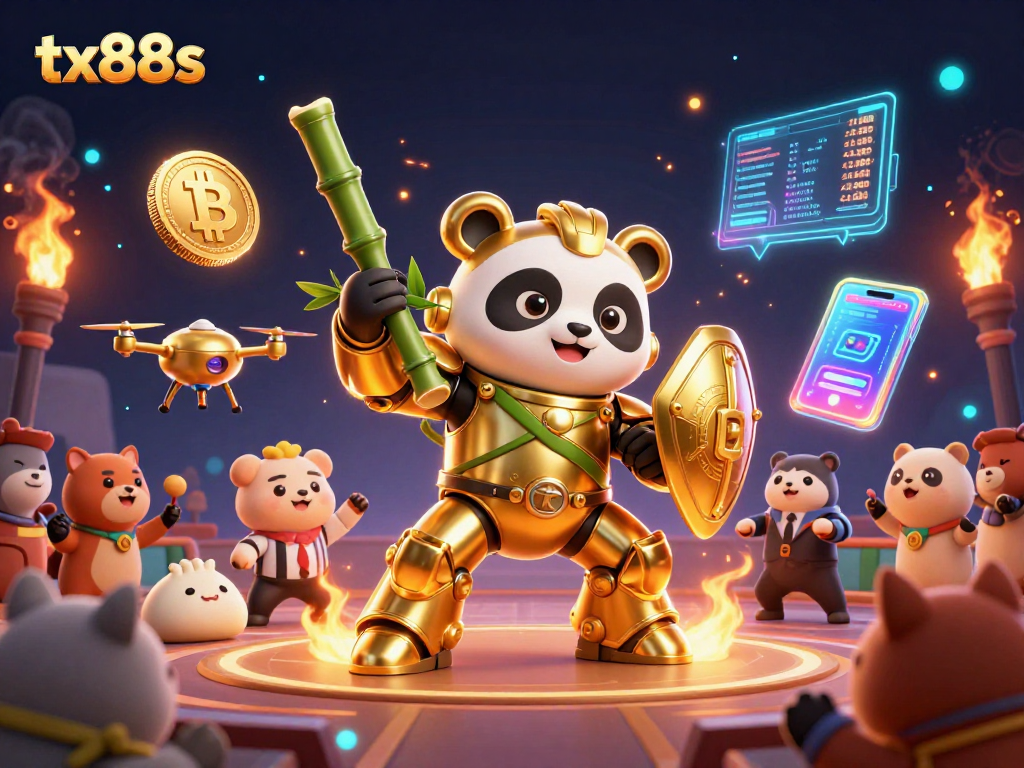 Experience thrilling action at tx88s with the golden panda robot battling amid glowing crypto elements.