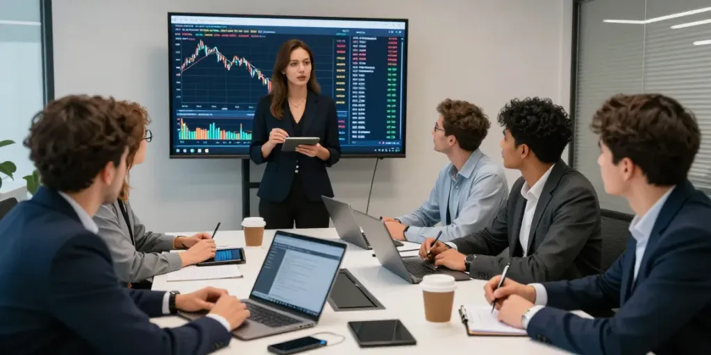 Création d'une stratégie de trading sur la-essorinvexaro.com avec des traders collaborant autour d'une table moderne.