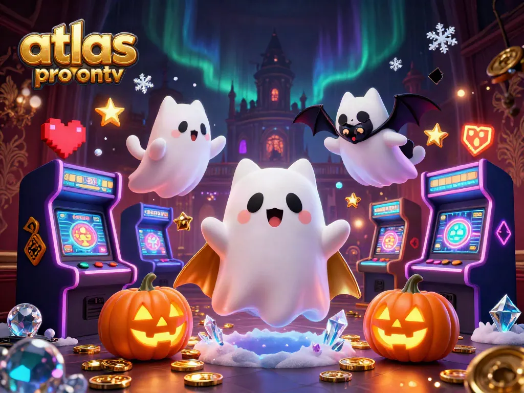 Le fantôme du chat Atlas Pro ONTV explore un casino hanté avec un style ludique, illuminé par des jack-o-lanterns.