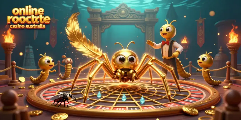 Experience the thrill of online roulette casino Australia with vibrant 3D characters and a dynamic roulette wheel scene.