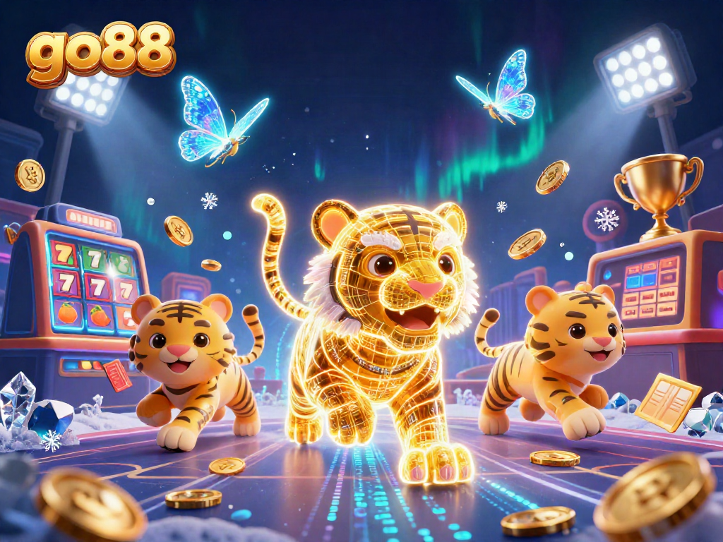 Experience the excitement of go88 with vibrant casino elements and a dynamic gold tiger illustration.