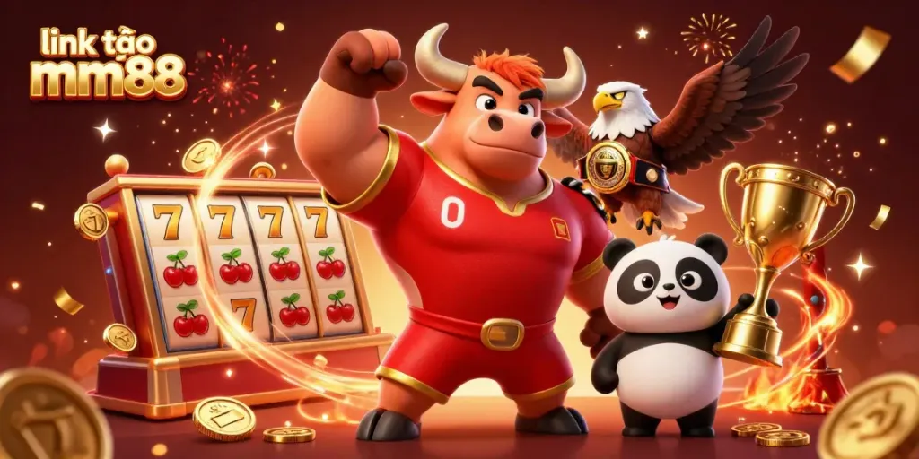 Play exciting slots and games with link vào mm88, featuring triumphant characters and festive casino elements.