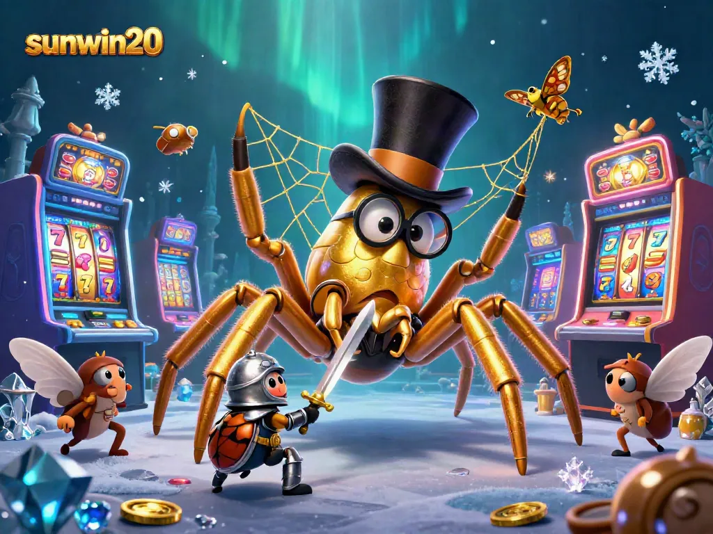 Experience the excitement of sunwin20 with a golden tarantula and beetle knight amidst vibrant slot machines.