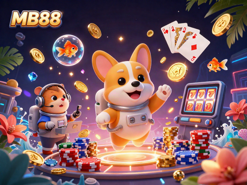 Engage with the vibrant MB88 casino world featuring a floating corgi, golden coins, and lively characters.