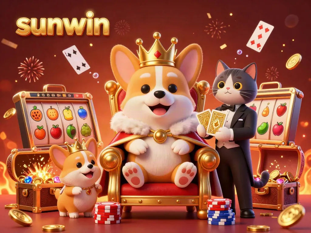 Engage with the vibrant sunwin casino scene, featuring a royal corgi and dazzling slot elements.