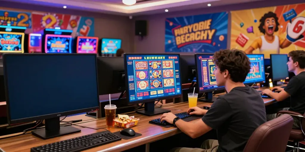 Joueur engagé dans un casino en ligne avec bonus sans dépôt, ambiance colorée et moderne.
