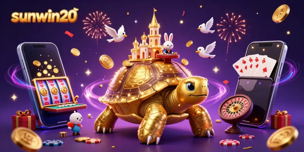 Experience excitement at sunwin20 with vibrant casino elements and a lively dealer in a fantastical scene.