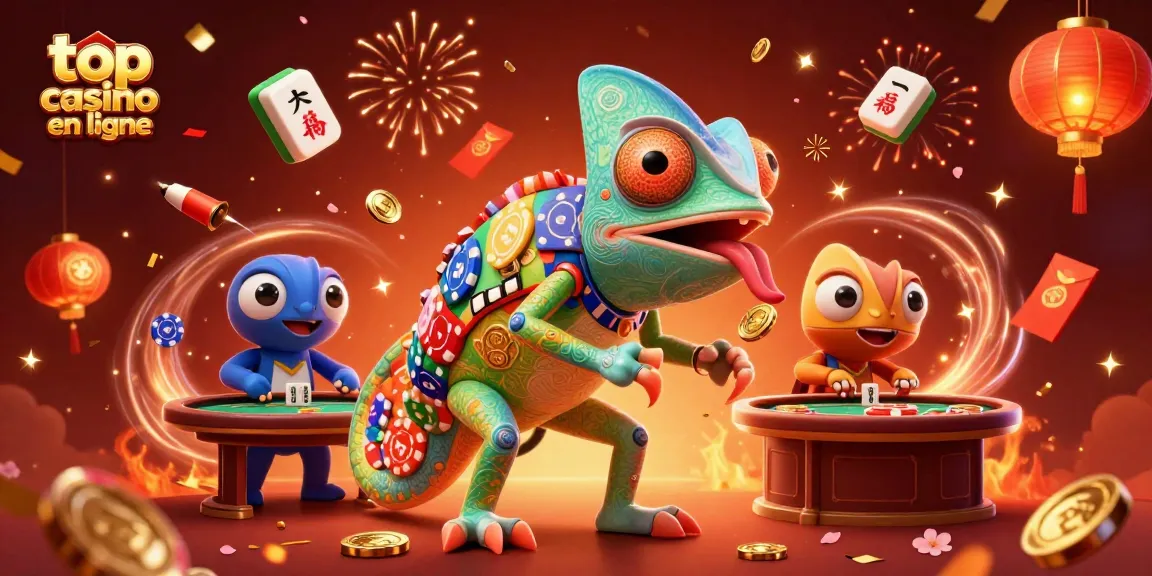 Jouez au top casino en ligne avec le propriétaire caméléon coloré entouré d'éléments de jeu dynamiques.