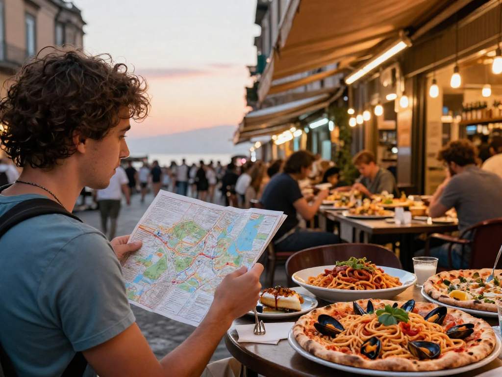 Découvrez lavowin link dans un restaurant animé à Naples avec des plats locaux colorés.