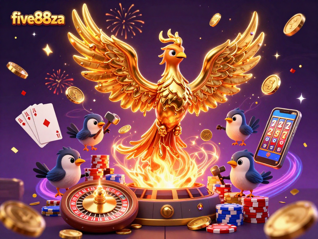 Experience the thrill of five88za with a dynamic 3D casino scene featuring magical golden elements.