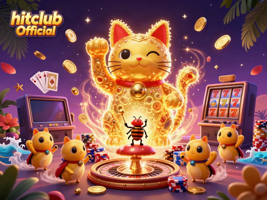 Experience the excitement of gaming with "hitclub Official," featuring a golden cat and dynamic casino elements.