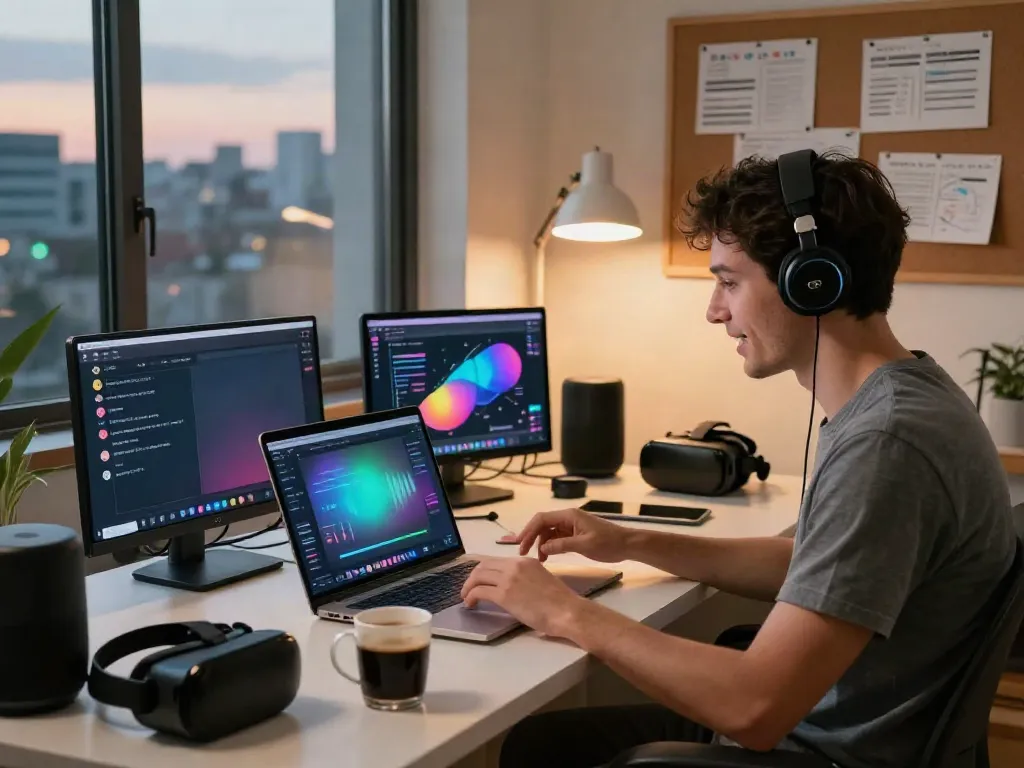 Engaging in an uncensored AI chat on multiple screens in a tech-friendly home office.