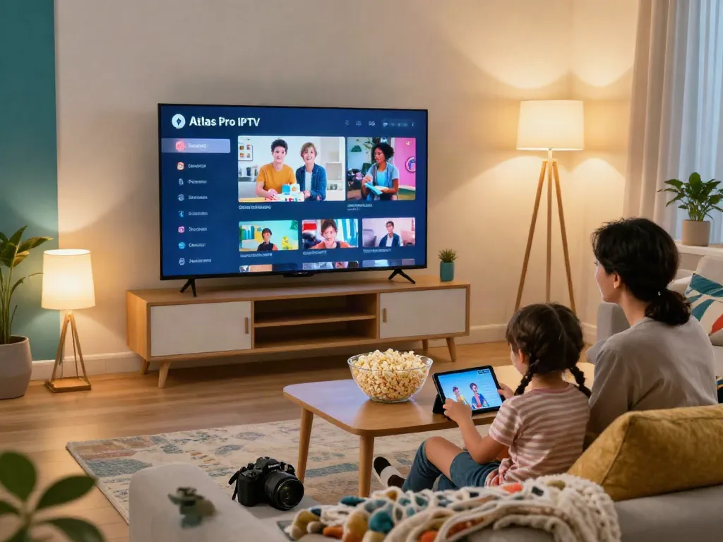 Famille regardant des chaînes TV avec atlas pro iptv dans leur salon moderne.