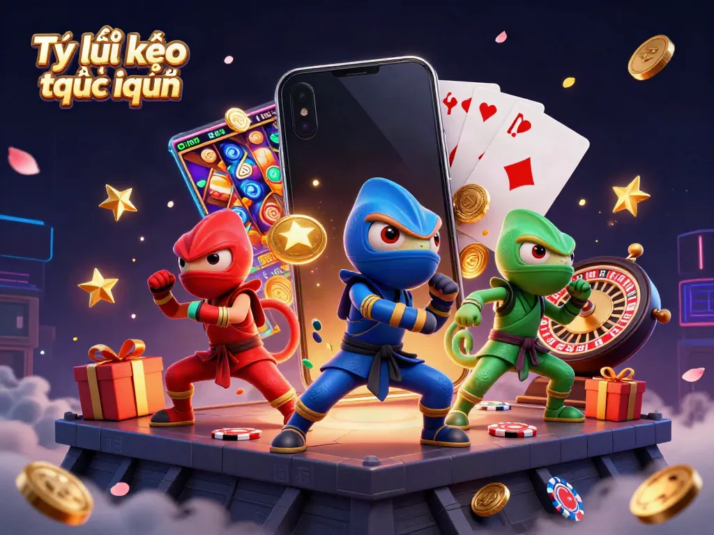 Engage with Tỷ lệ kèo trực tuyến in a vibrant casino-themed scene featuring ninja chameleons and dynamic game elements.