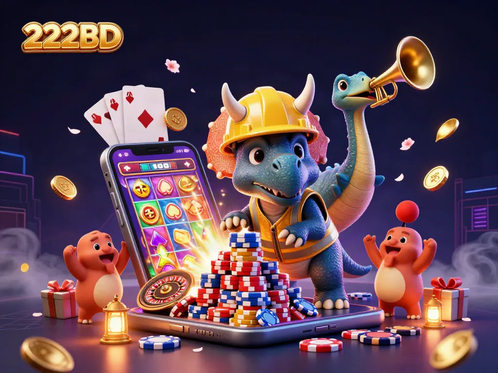 Experience 222BD excitement with a triceratops building poker chips and celebrating wins in a vibrant casino scene.