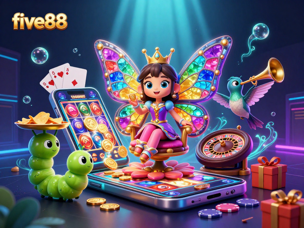 Engage with five88's vibrant online casino world featuring a butterfly queen, gaming elements, and rich colors.
