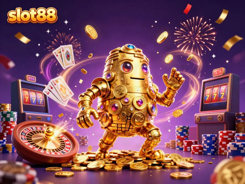 Engage with slot88 as a golden golem and spinning roulette wheel create an electrifying casino atmosphere.