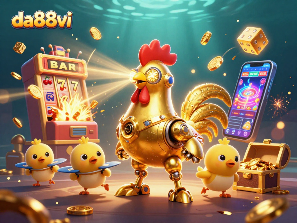 Experience the excitement of da88vi with a vibrant casino scene featuring a laser-shooting rooster robot.