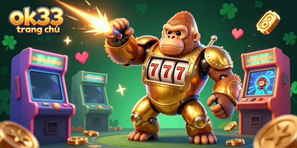 Experience excitement at ok33 trang chủ with a dynamic 3D illustration of a golden gorilla mech featuring spinning slot machine reels.