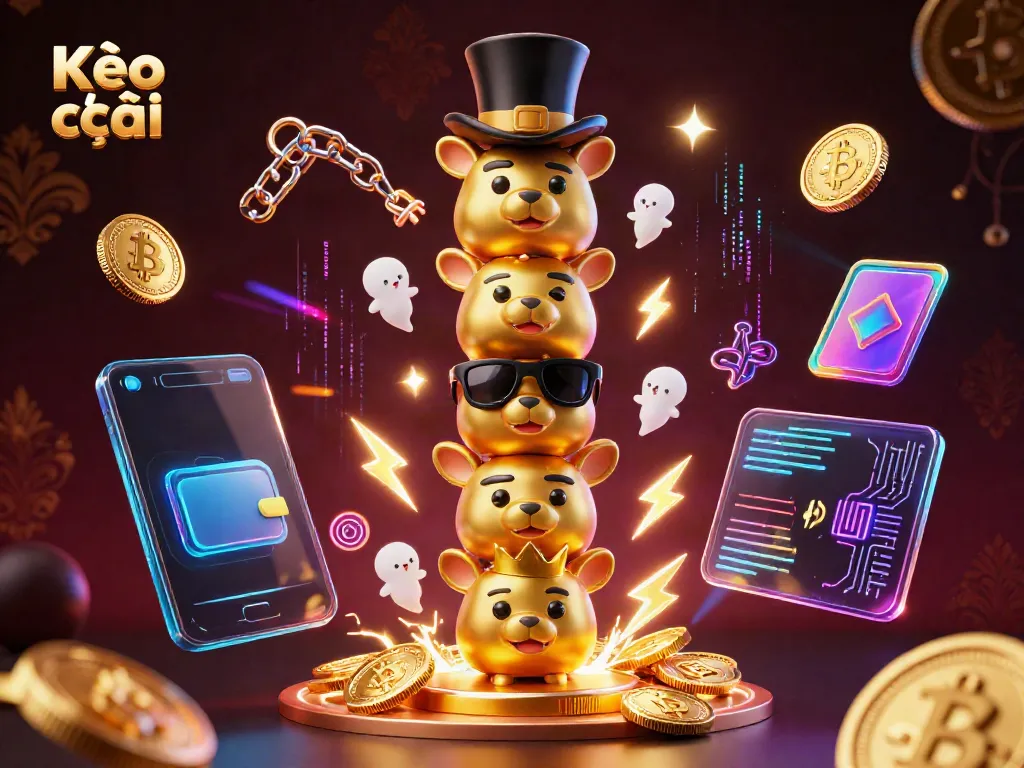 Kèo nhà cái showcases a vibrant 3D casino scene featuring a golden totem pole with animal faces and crypto elements.
