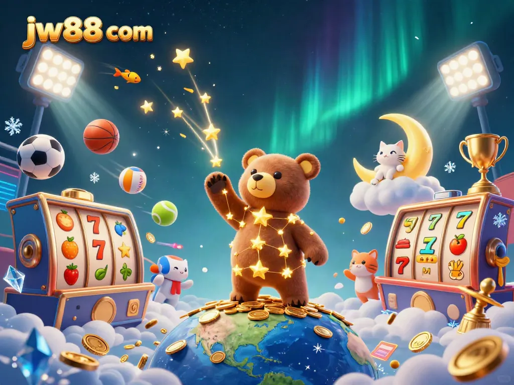 Engage with the jw88 com universe, showcasing a star bear in a vibrant casino-themed scene.