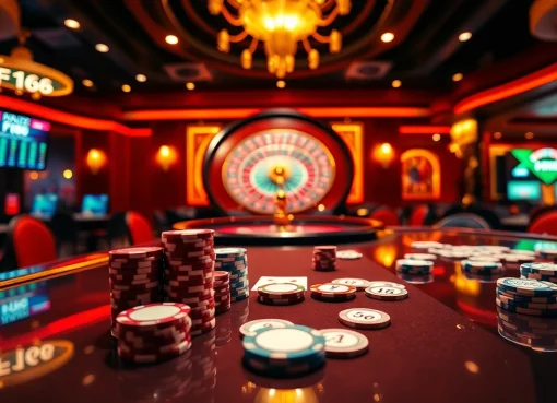 F168 casino table scene showcasing poker chips and vibrant roulette wheel in a luxurious setting.