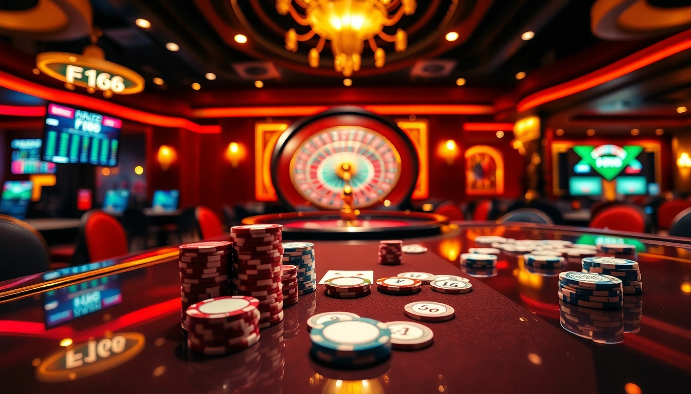 F168 casino table scene showcasing poker chips and vibrant roulette wheel in a luxurious setting.