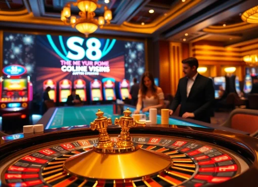 Experience excitement at S8 casino with vibrant poker chips and roulette wheel.