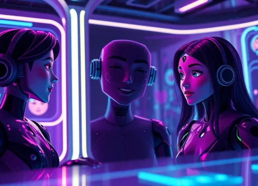 Flirtatious AI chatbot interaction scene featuring vibrant characters in a digital setting free sex ai experience.