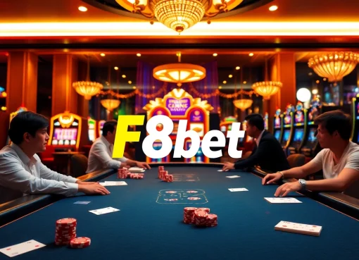 F8bet poker players strategizing their next move in an energetic casino setting.
